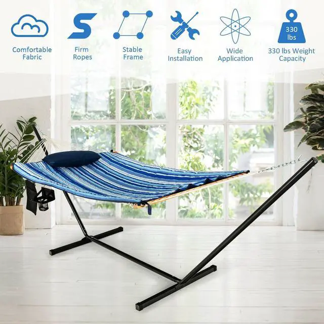Alt view image 3 of 7 - SlickBlue  Hammock Chair Stand Set Cotton Swing with Pillow Cup Holder Indoor Outdoor