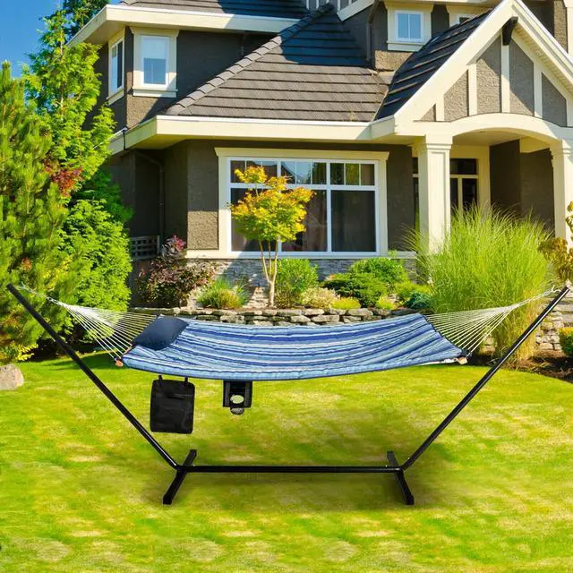 Alt view image 2 of 7 - SlickBlue  Hammock Chair Stand Set Cotton Swing with Pillow Cup Holder Indoor Outdoor