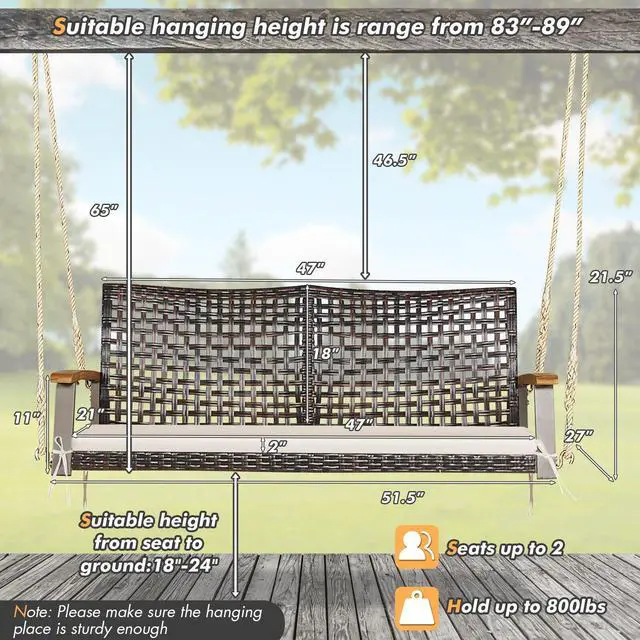 Alt view image 5 of 7 - SlickBlue 2-Person Rattan Hanging Porch Swing Chair