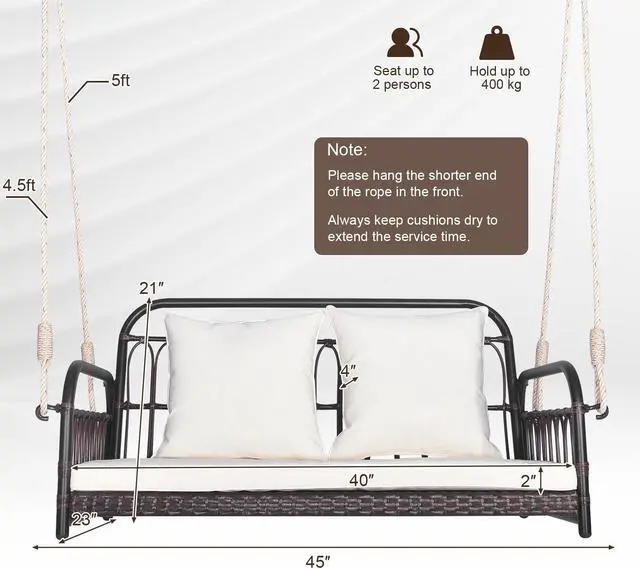 Alt view image 4 of 7 - SlickBlue 880LBS Wicker Hanging Porch Swing with Cushions-White