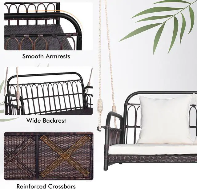 Alt view image 5 of 7 - SlickBlue 880LBS Wicker Hanging Porch Swing with Cushions-White