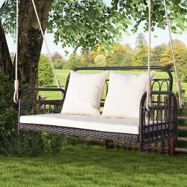 Alt view image 6 of 7 - SlickBlue 880LBS Wicker Hanging Porch Swing with Cushions-White
