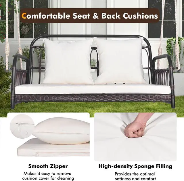 Alt view image 7 of 7 - SlickBlue 880LBS Wicker Hanging Porch Swing with Cushions-White