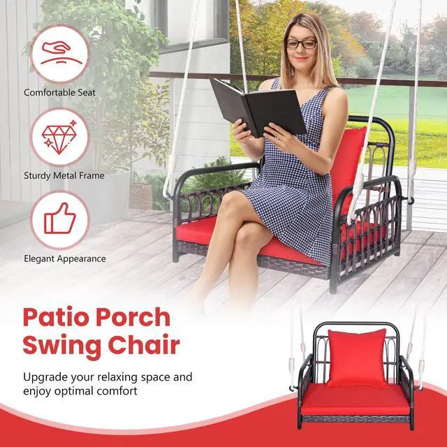 Alt view image 6 of 7 - SlickBlue Patio Rattan Porch Swing Hammock Chair with Seat Cushion-Red