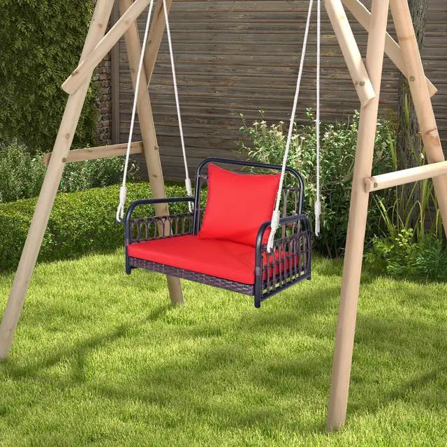 Alt view image 2 of 7 - SlickBlue Patio Rattan Porch Swing Hammock Chair with Seat Cushion-Red