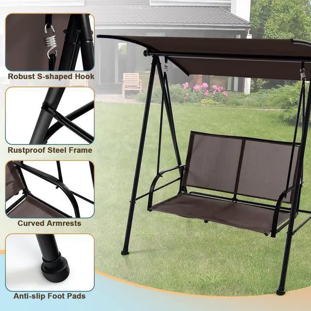 Alt view image 4 of 7 - SlickBlue 2-Seat Outdoor Canopy Swing with Comfortable Fabric Seat and Heavy-duty Metal Frame