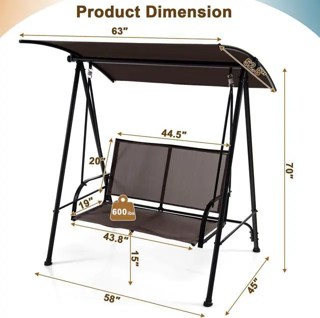 Alt view image 5 of 7 - SlickBlue 2-Seat Outdoor Canopy Swing with Comfortable Fabric Seat and Heavy-duty Metal Frame