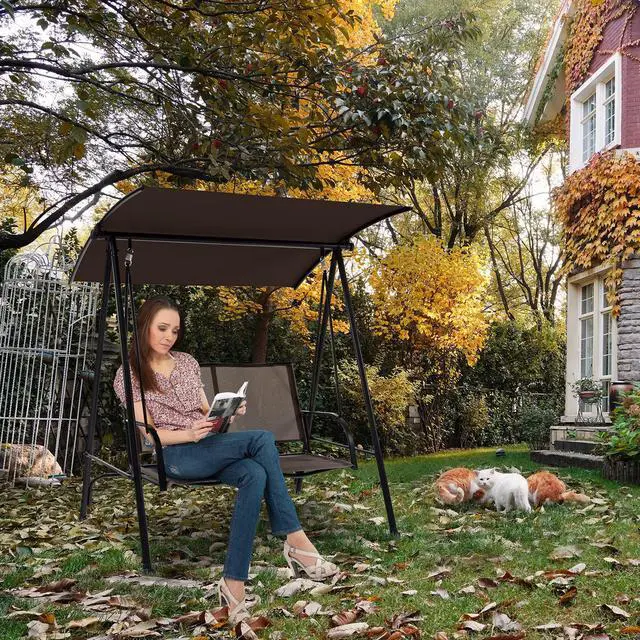 Alt view image 3 of 7 - SlickBlue 2-Seat Outdoor Canopy Swing with Comfortable Fabric Seat and Heavy-duty Metal Frame