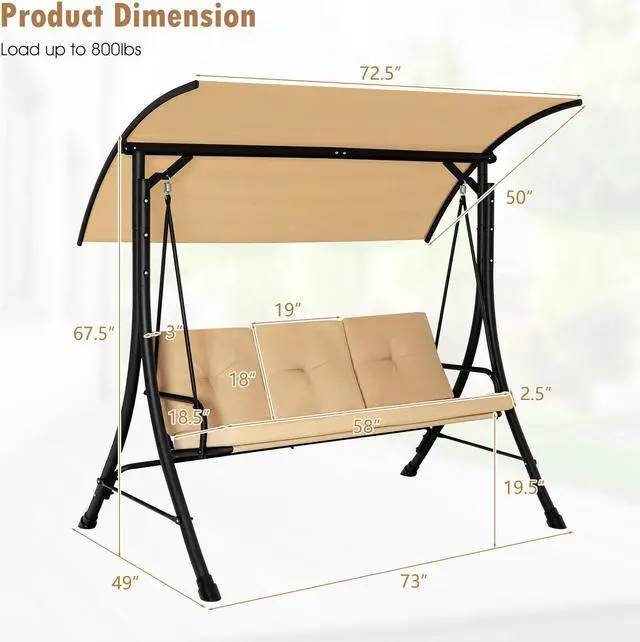 Alt view image 4 of 7 - SlickBlue 3-Seat Outdoor Porch Swing with Adjustable Canopy and Padded Cushions