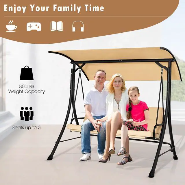 Alt view image 5 of 7 - SlickBlue 3-Seat Outdoor Porch Swing with Adjustable Canopy and Padded Cushions