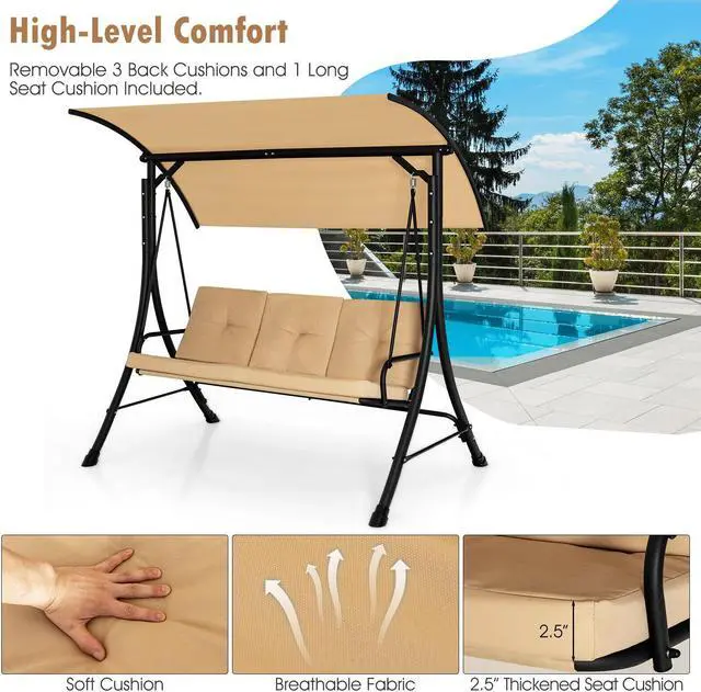 Alt view image 6 of 7 - SlickBlue 3-Seat Outdoor Porch Swing with Adjustable Canopy and Padded Cushions