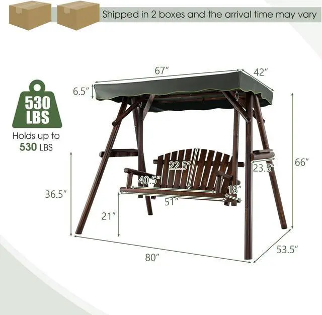 Alt view image 4 of 7 - SlickBlue 2-Person Outdoor Wooden Porch Swing with an Adjustable Canopy