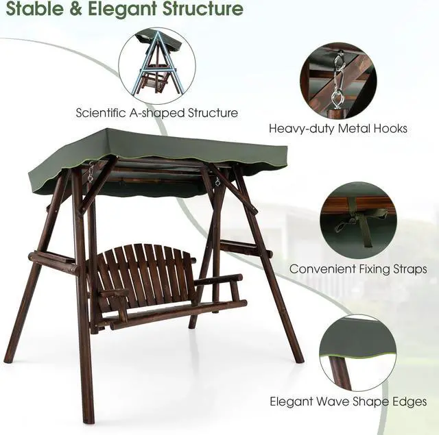 Alt view image 5 of 7 - SlickBlue 2-Person Outdoor Wooden Porch Swing with an Adjustable Canopy