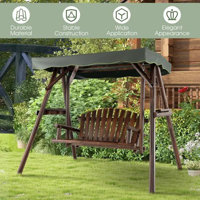 Alt view image 2 of 7 - SlickBlue 2-Person Outdoor Wooden Porch Swing with an Adjustable Canopy