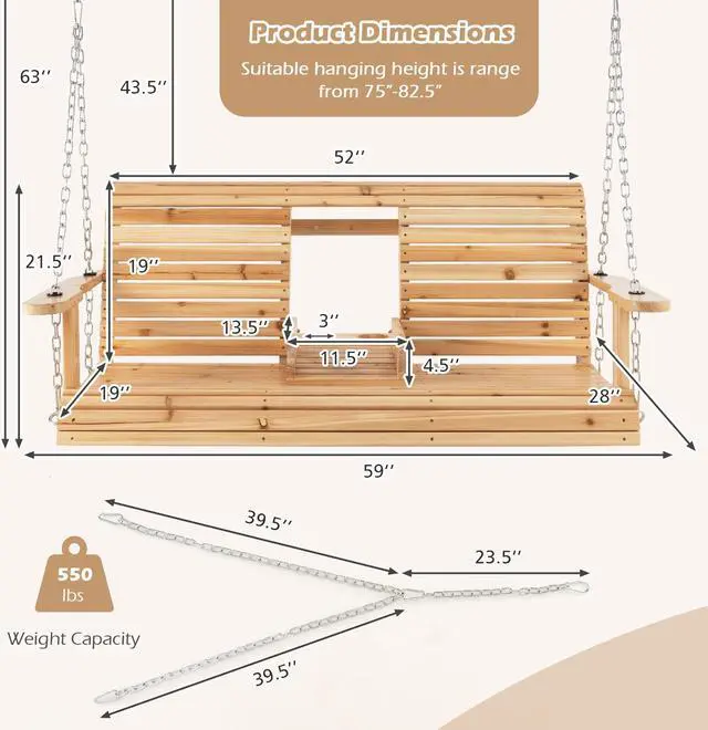 Alt view image 5 of 7 - SlickBlue 5 Feet Porch Swing Chair with Adjustable Chains and Foldable Cup Holders