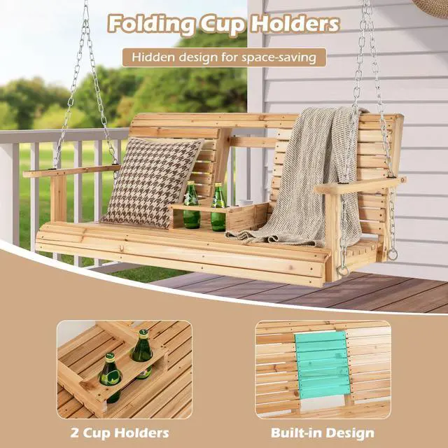 Alt view image 7 of 7 - SlickBlue 5 Feet Porch Swing Chair with Adjustable Chains and Foldable Cup Holders