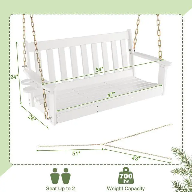 Alt view image 5 of 7 - SlickBlue 54 Inch HDPE Patio Porch Swing with Cup Holder-White