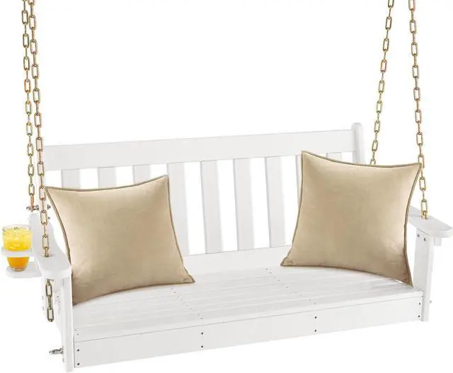 Alt view image 4 of 7 - SlickBlue 54 Inch HDPE Patio Porch Swing with Cup Holder-White