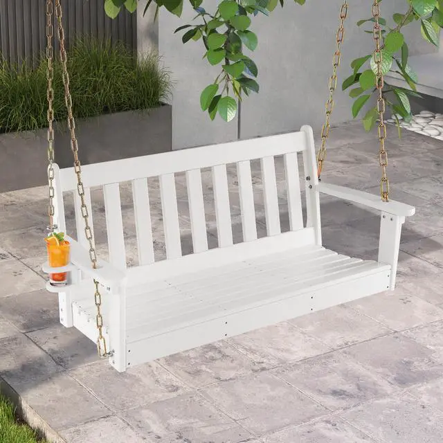 Alt view image 2 of 7 - SlickBlue 54 Inch HDPE Patio Porch Swing with Cup Holder-White