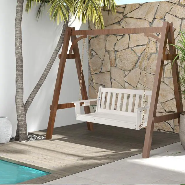 Alt view image 3 of 7 - SlickBlue 54 Inch HDPE Patio Porch Swing with Cup Holder-White