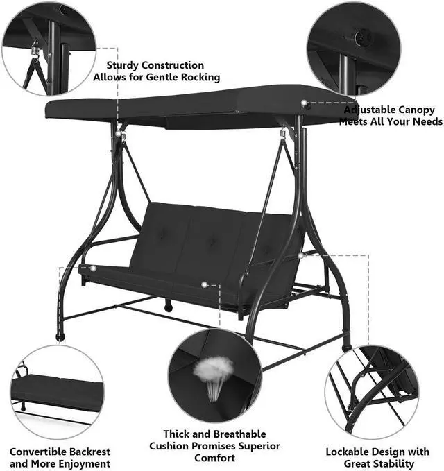 Alt view image 6 of 6 - SlickBlue 3 Seats Converting Outdoor Swing Canopy Hammock with Adjustable Tilt Canopy