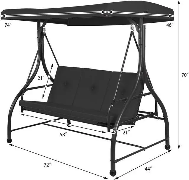 Alt view image 4 of 6 - SlickBlue 3 Seats Converting Outdoor Swing Canopy Hammock with Adjustable Tilt Canopy