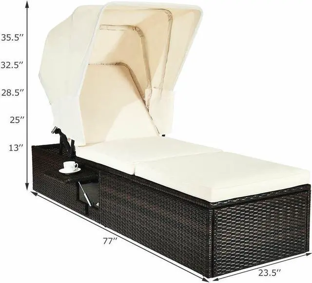 Alt view image 3 of 7 - SlickBlue Chaise Cushioned Top Canopy Patio Rattan Lounge Chair with Tea Table