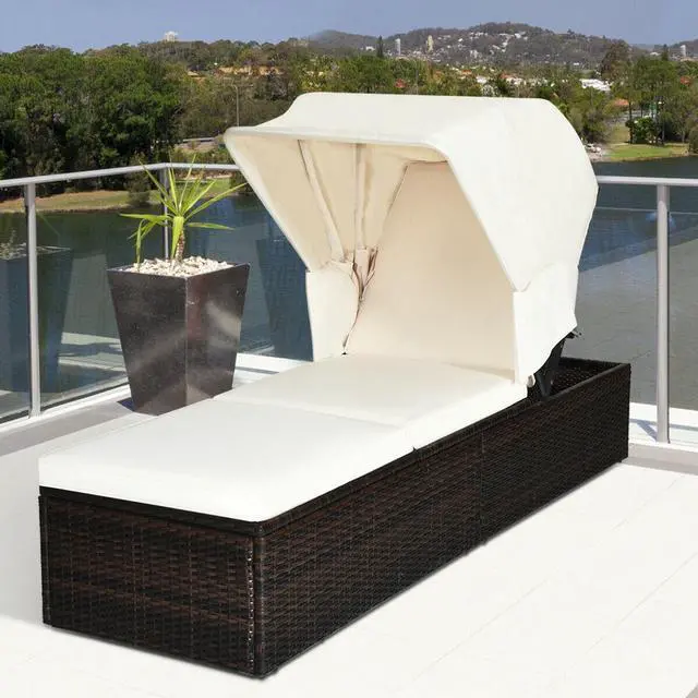 Alt view image 6 of 7 - SlickBlue Chaise Cushioned Top Canopy Patio Rattan Lounge Chair with Tea Table