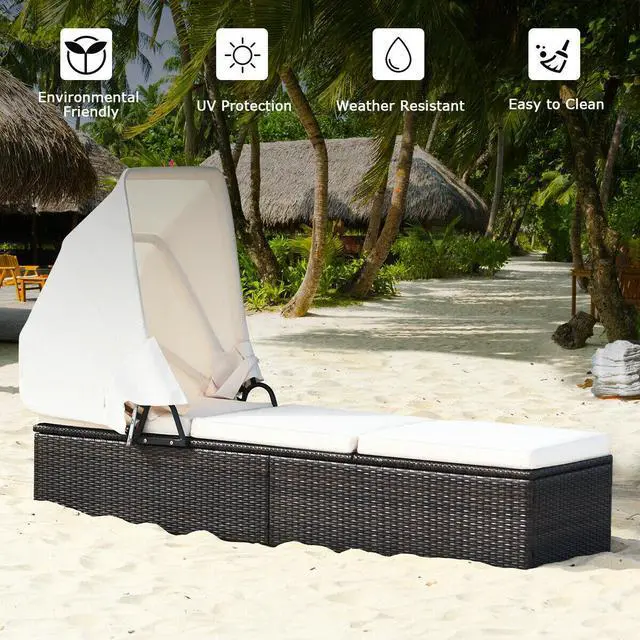 Alt view image 4 of 7 - SlickBlue Chaise Cushioned Top Canopy Patio Rattan Lounge Chair with Tea Table