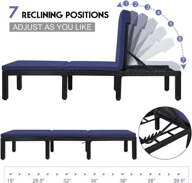 Alt view image 6 of 7 - SlickBlue Patio Rattan Cushioned Height Adjustable Lounge Chair-Navy & Off White