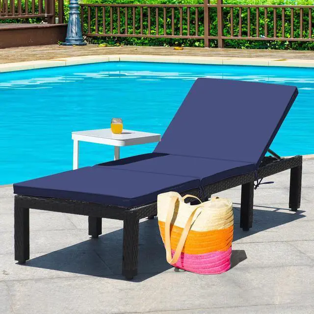 Alt view image 3 of 7 - SlickBlue Patio Rattan Cushioned Height Adjustable Lounge Chair-Navy & Off White