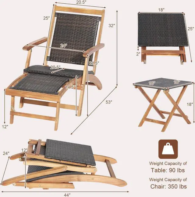 Alt view image 4 of 7 - SlickBlue 2 Pieces Patio Rattan Folding Lounge Chair with Acacia Wood Table