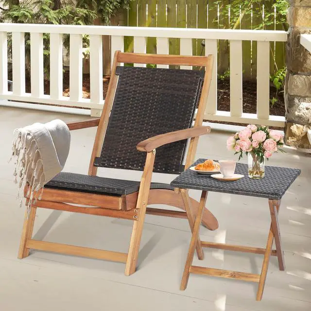 Alt view image 2 of 7 - SlickBlue 2 Pieces Patio Rattan Folding Lounge Chair with Acacia Wood Table