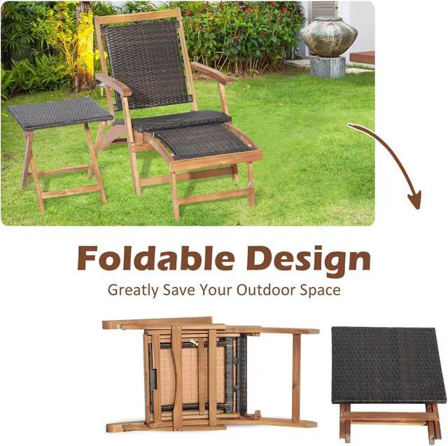 Alt view image 5 of 7 - SlickBlue 2 Pieces Patio Rattan Folding Lounge Chair with Acacia Wood Table