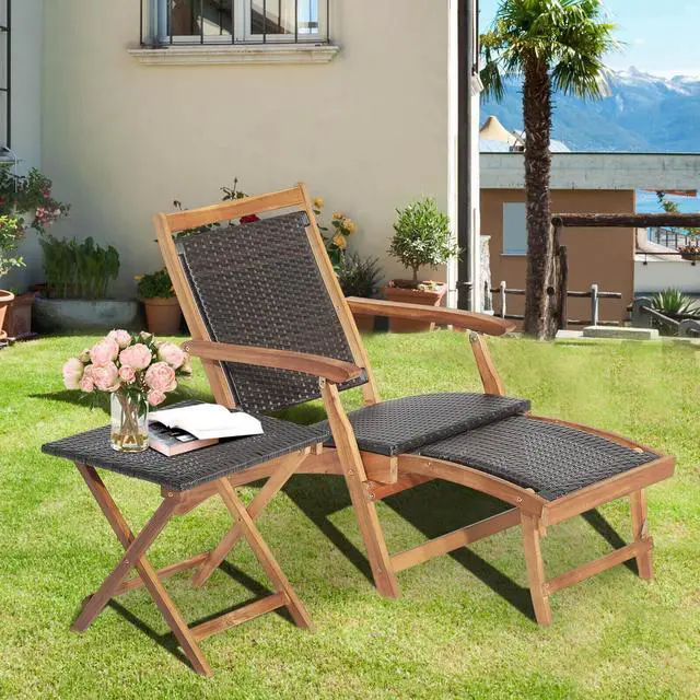 Alt view image 7 of 7 - SlickBlue 2 Pieces Patio Rattan Folding Lounge Chair with Acacia Wood Table