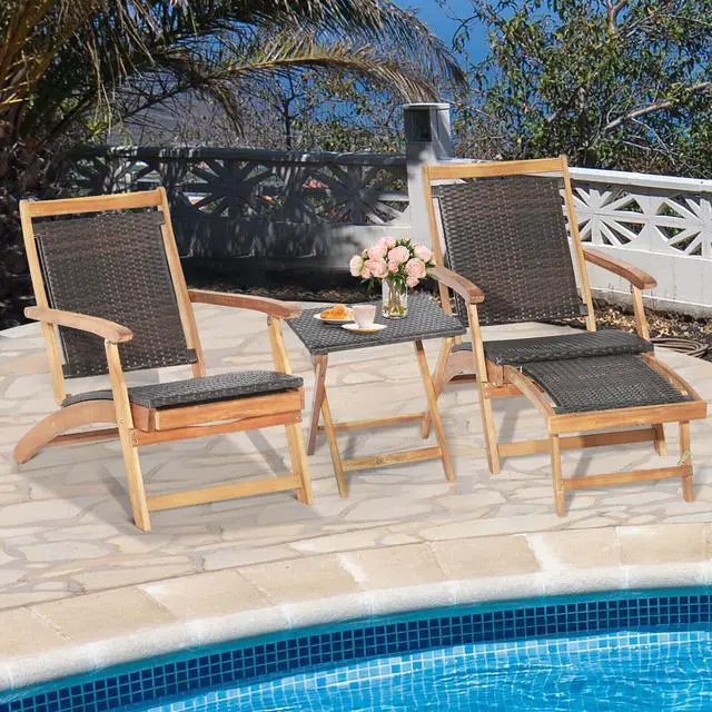 Alt view image 6 of 7 - SlickBlue 2 Pieces Patio Rattan Folding Lounge Chair with Acacia Wood Table