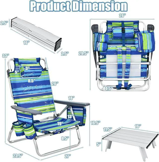 Alt view image 4 of 7 - SlickBlue 2 Packs 5-Position Outdoor Folding Backpack Beach Table Chair Reclining Chair Set