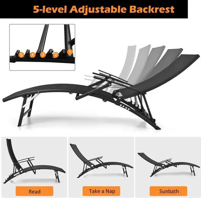 Alt view image 6 of 7 - SlickBlue 2 Pieces Patio Folding Stackable Lounge Chair Chaise with Armrest-Black