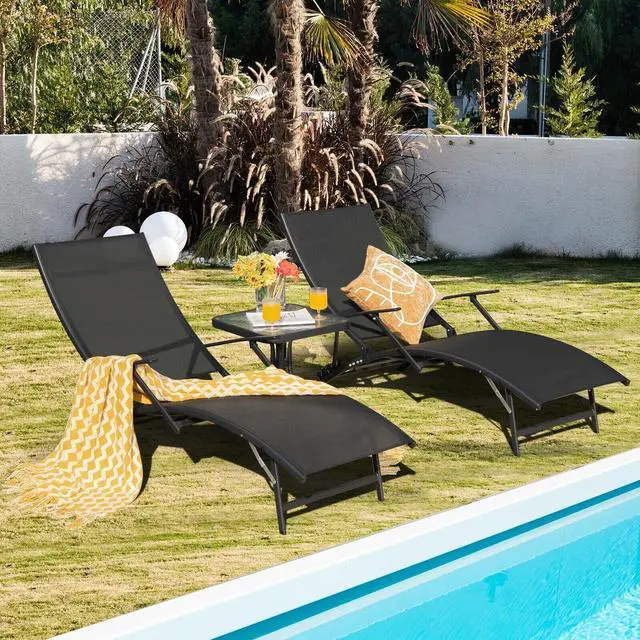 Alt view image 2 of 7 - SlickBlue 2 Pieces Patio Folding Stackable Lounge Chair Chaise with Armrest-Black