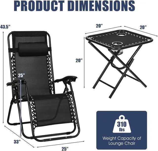 Alt view image 3 of 7 - SlickBlue 3 Pieces Folding Portable Zero Gravity Reclining Lounge Chairs Table Set