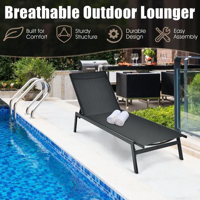 Alt view image 6 of 7 - SlickBlue Outdoor Reclining Chaise Lounge Chair with 6-Position Adjustable Back-Black
