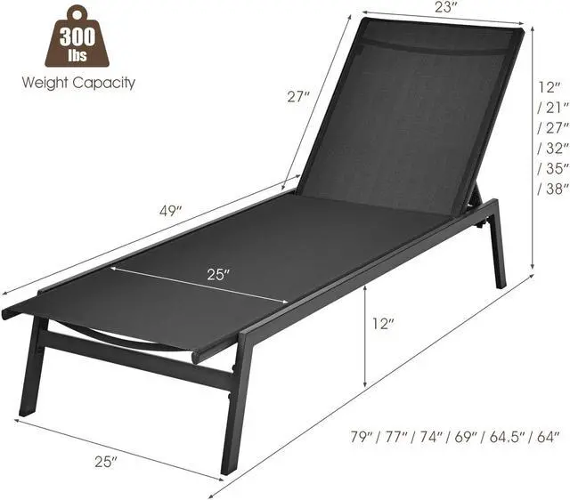 Alt view image 5 of 7 - SlickBlue Outdoor Reclining Chaise Lounge Chair with 6-Position Adjustable Back-Black