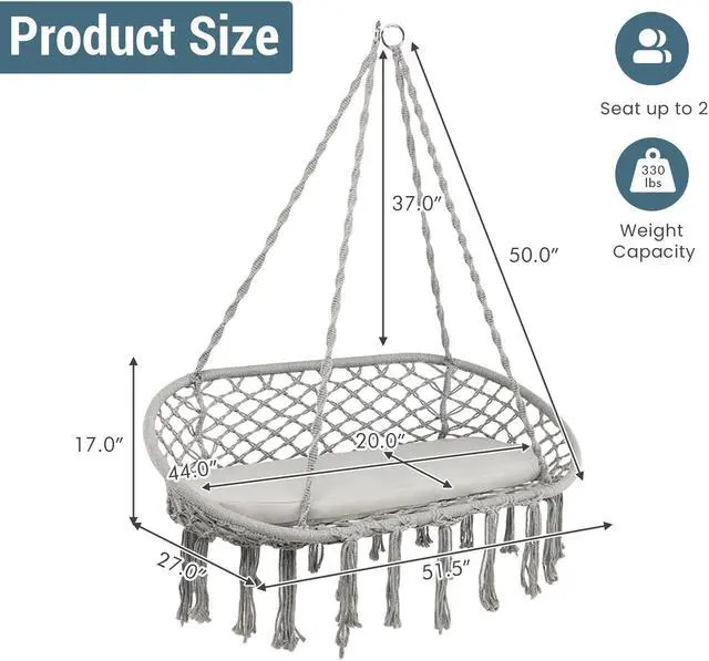 Alt view image 4 of 7 - SlickBlue 2 Person Hanging Hammock Chair with Cushion Macrame Swing