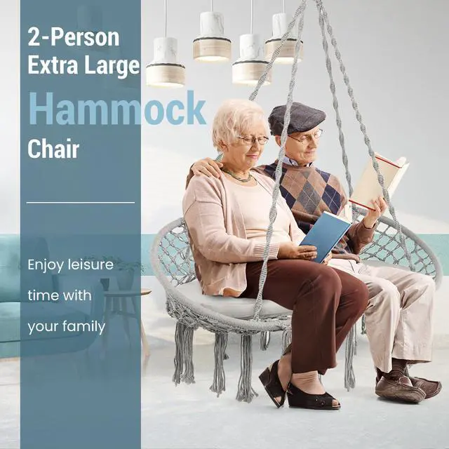Alt view image 3 of 7 - SlickBlue 2 Person Hanging Hammock Chair with Cushion Macrame Swing