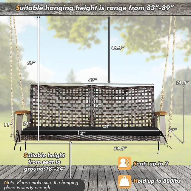 Alt view image 5 of 7 - SlickBlue 2-Person Rattan Hanging Porch Swing Chair