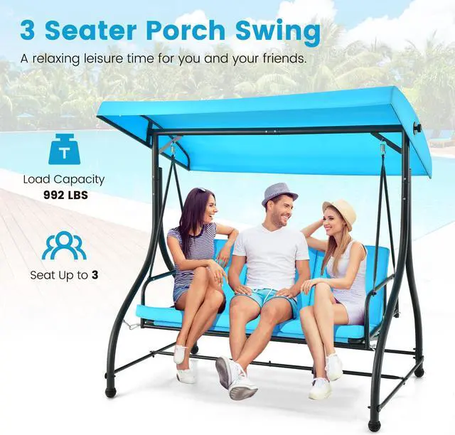 Alt view image 6 of 7 - SlickBlue 3 Seat Outdoor Porch Swing with Adjustable Canopy