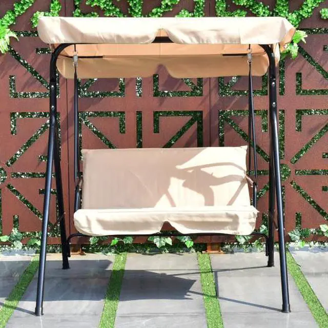 Alt view image 3 of 3 - SlickBlue Steel Frame Outdoor Loveseat Patio Canopy Swing with Cushion-Beige