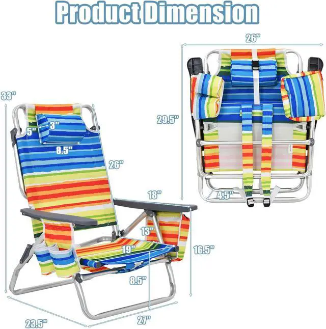 Alt view image 2 of 7 - SlickBlue 2-Pack Folding Backpack Beach Chair 5-Position Outdoor Reclining Chairs with Pillow