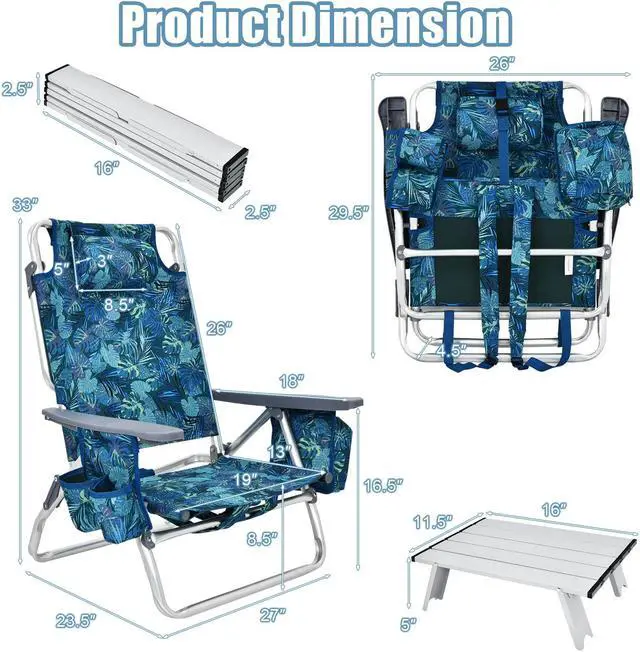 Alt view image 4 of 7 - SlickBlue 2 Packs 5-Position Outdoor Folding Backpack Beach Table Chair Reclining Chair Set