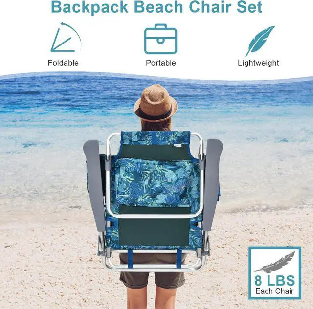 Alt view image 7 of 7 - SlickBlue 2 Packs 5-Position Outdoor Folding Backpack Beach Table Chair Reclining Chair Set